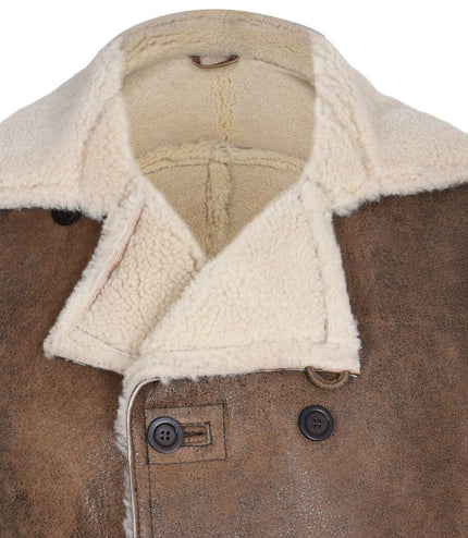 Mens Double Breasted Shearling Sheepskin Pea Coat-Valencia - Tan Brown