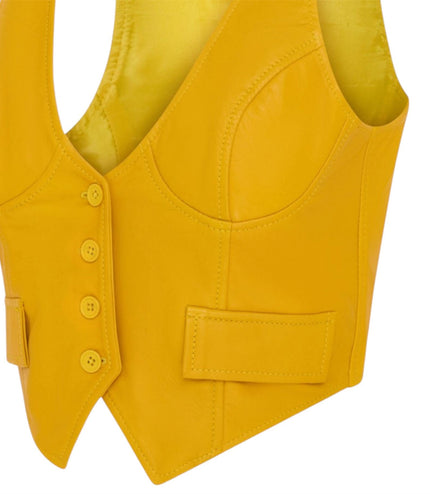 Womens Yellow Leather Waistcoat Biker Vest - MAM-WC