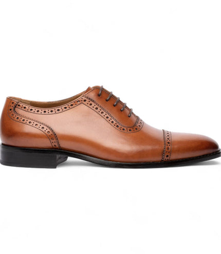 Chapman & Moore Men's Tan Brown Leather Semi-Brogue Cap-Toe Oxford Shoes