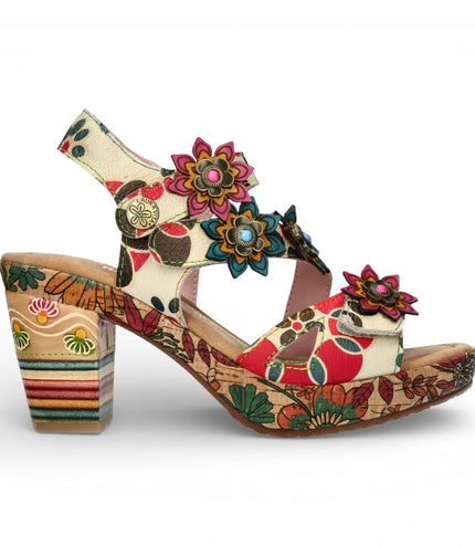 Laura Vita Women's Nellao 33 Beige Floral Leather Wedge Heel Espadrille Sandals