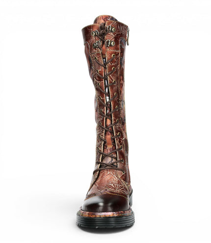 Laura Vita Women's Maroon Gothic Victorian Floral Maroon Leather Knee-High Lace-Up Boots - Incaso-50