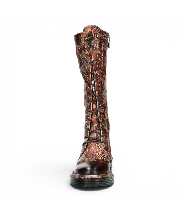 Laura Vita Women's Maroon Gothic Victorian Floral Maroon Leather Knee-High Lace-Up Boots - Incaso-50