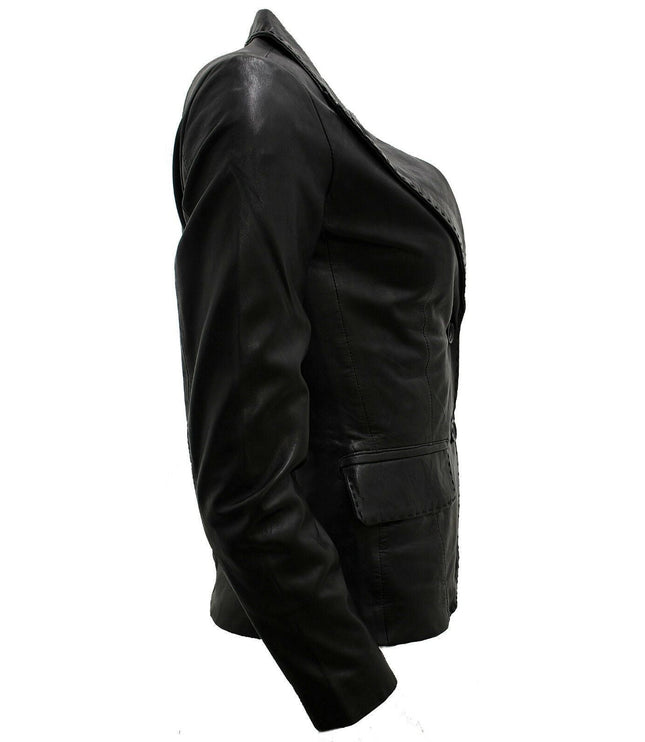 Womens Leather Blazer Jacket-Seregno - Black