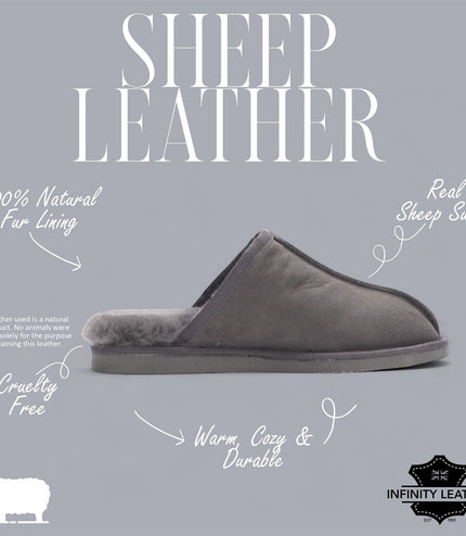 Men's Genuine Sheepskin Grey Suede Mule Winter Warm Non-Slip - Highland