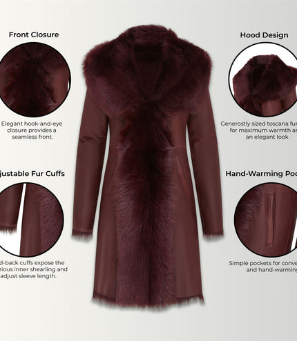 Womens Burgundy Red Toscana Sheepskin Leather Hooded Trench Coat - Coast