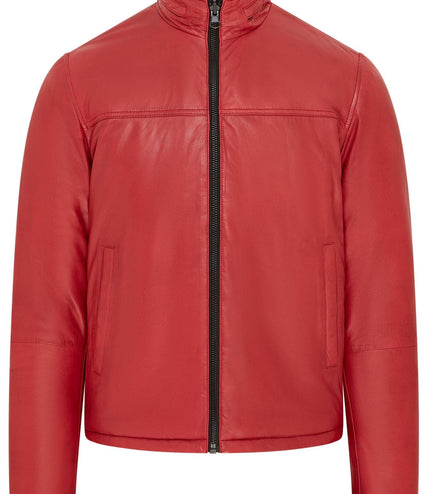 Mens Reversible Hooded Leather Jacket Premium Lambskin Napa - Red/Black