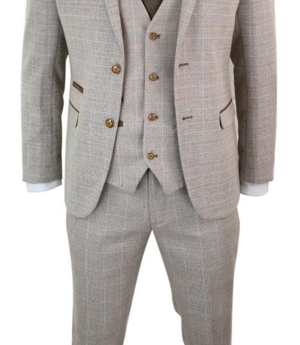 Mens 3 Piece Beige Tweed Check Vintage Retro Suit