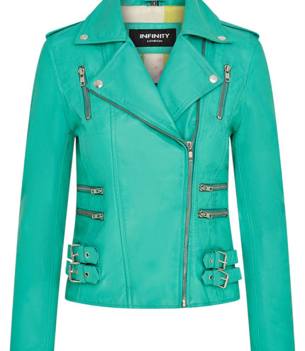 Womens Leather Brando Biker Jacket-Orlando - Aqua