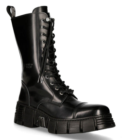 New Rock Black Leather Mid-Calf Tower Biker Boots-M-Wall127N-C1
