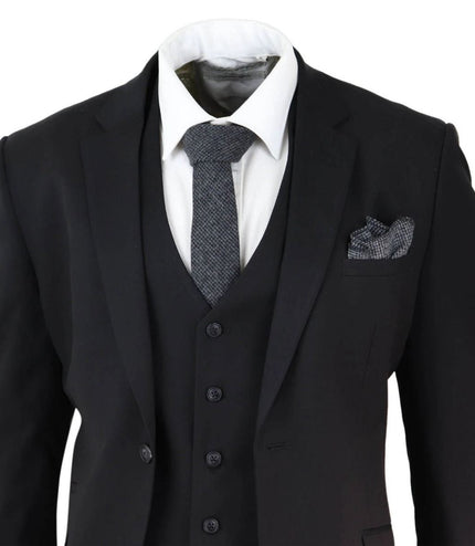 Mens 3 Piece Plain Black Classic Retro Tailored Suit