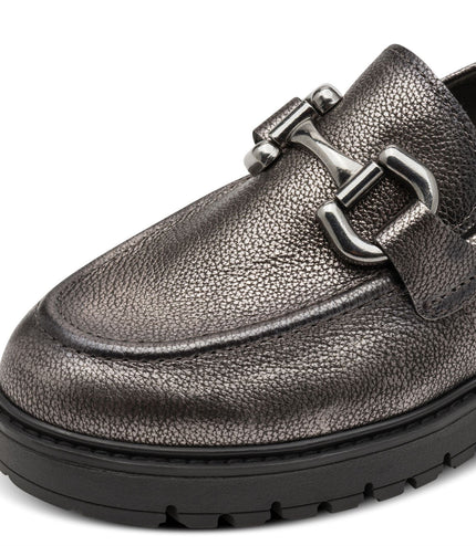 Tamaris Womens Pewter Silver Leather Loafers Slip-On Platform Shoes