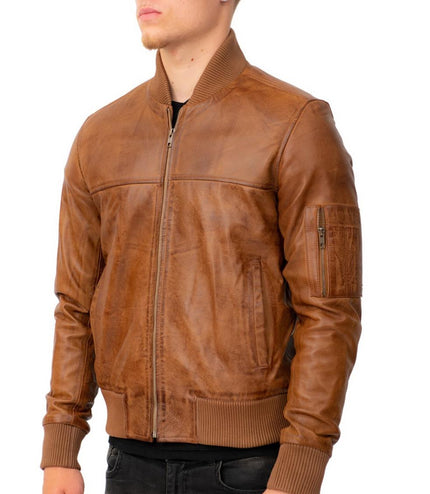 Mens Retro MA-1 Leather Bomber Jacket-Arlington