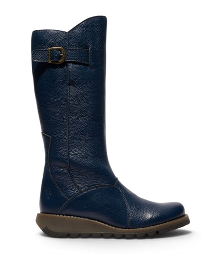 Fly London Womens Navy Leather Wedge Heel Knee High Long Boots - MOL2