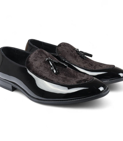 Men's Black Velvet Tassel Loafers Formal Patent Dress Shoes