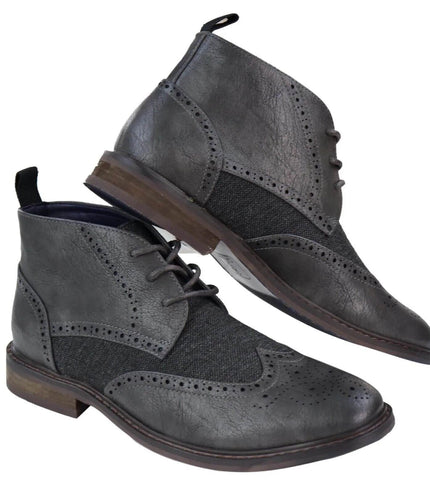 Mens Classic Tweed Oxford Brogue Ankle Boots In Grey Leather