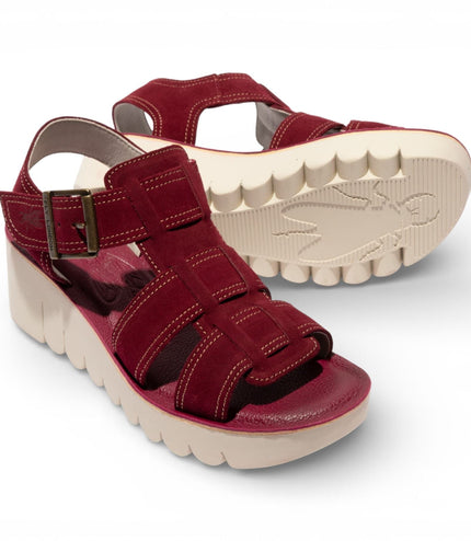 Fly London Women's YUDD236FLY Berry Red Leather Wedge Sandals