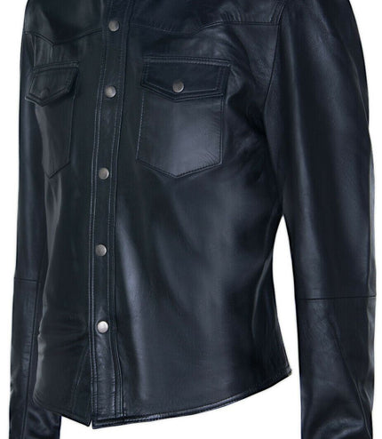 Mens Retro Leather Shirt Jeans Jacket-Beijing - Black
