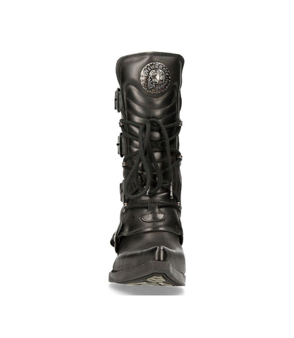 New Rock Black Leather Cowboy Buckle Boots- M-7993-S1