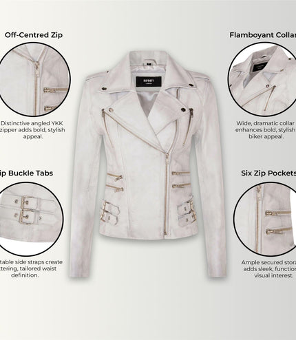 Womens Leather Brando Biker Jacket-Orlando - White