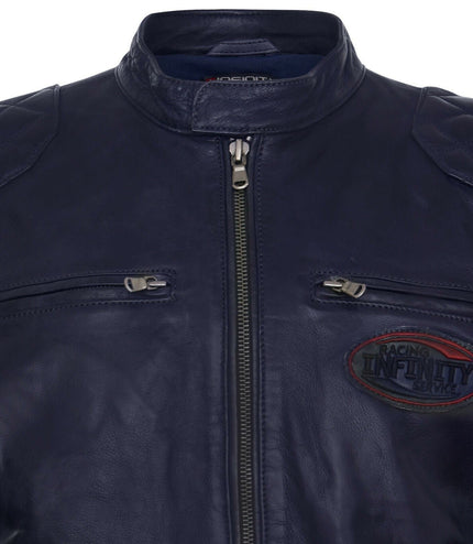 Men's Classic Striped Racing Leather Jacket- Barcelona - Navy