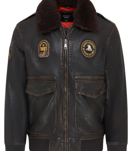 Men's Leather Bomber Sheepskin Collar G-1 Aviator Jacket - Linear - Black