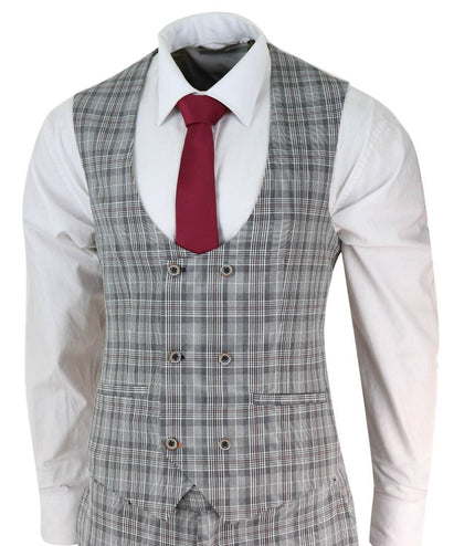 Mens 3 Piece Grey Check Retro Vintage Classic Suit