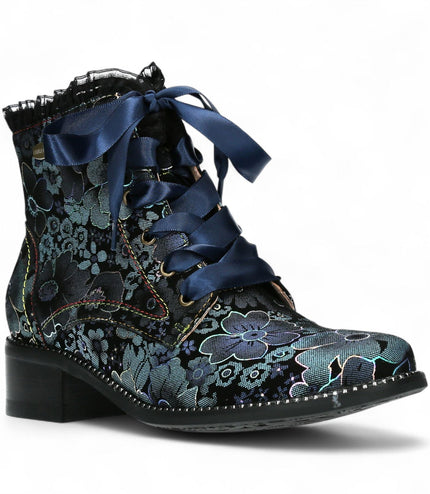 Laura Vita Emcmao-45 Blue Floral Womens Gothic Victorian Leather Ankle Heeled Boots