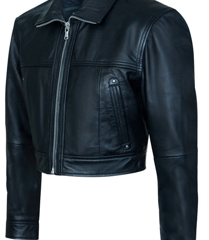 Womens Black Cropped Biker Leather Jacket - Dubai