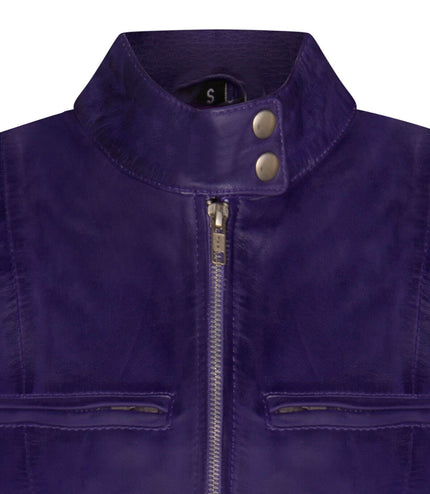 Womens Plain Leather Moto Biker Jacket-Braga - Purple