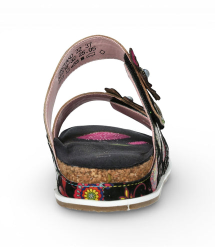 Laura Vita Women's Brcyano 32 Black Floral Leather Strappy Slipper Sandals