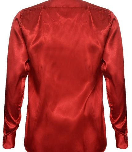 Mens Red Satin Silk Shirt Smart Casual Button Down Cuff Tailored Fit