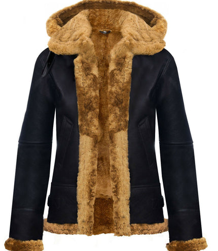 Womens Hooded Sheepskin Flying Leather Jacket-Palermo - Brown Ginger