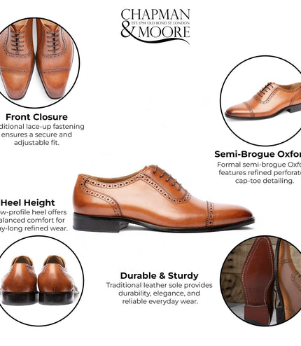 Chapman & Moore Men's Tan Brown Leather Semi-Brogue Cap-Toe Oxford Shoes