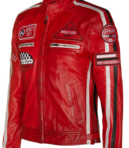 Mens Racing Leather Biker Jacket-Portland - Red
