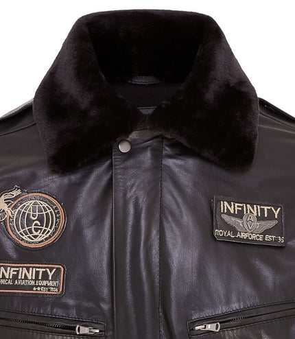 Mens Leather Bomber Jacket Air Force Badge Pilot Flying US Aviator Jacket - Black