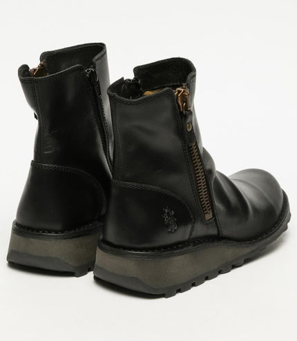 Fly London Womens Black MON944 Leather Wedge Heel Ankle Zip Up Chelsea Boots