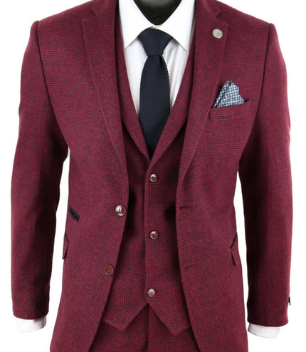 Mens 3 Piece Tweed Suit Wool Burgundy Black 1920s Authentic 1920s Blinders Suit Retro Classic