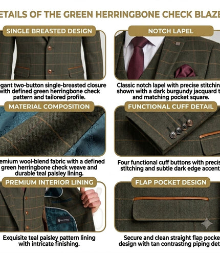 Men's Green Tweed Herringbone Formal Check Blazer - Harris