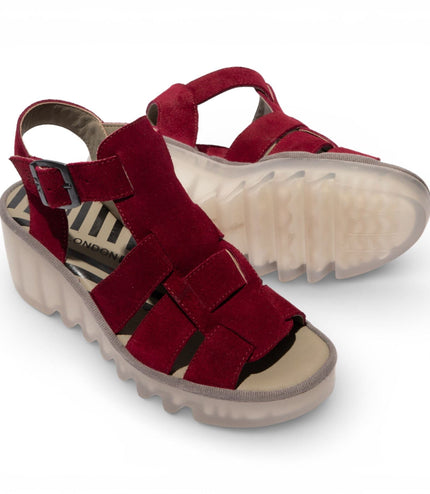 Fly London Women's BAIC621FLY Berry Red Suede Leather Wedge Sandals
