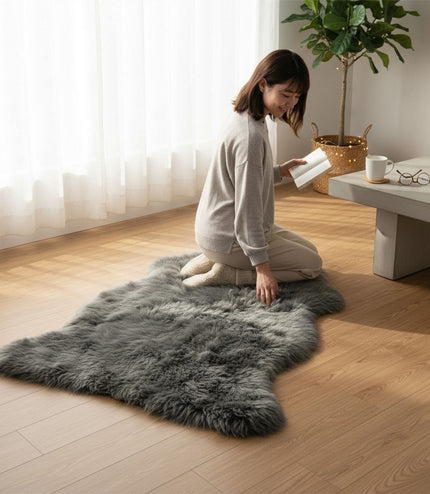 Genuine Charcoal Grey Sheepskin Natural Silky Soft Fluffy Real Wool Rug