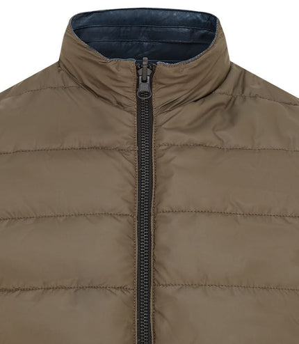 Mens Reversible Hooded Leather Jacket Premium Lambskin Napa - Blue/Khaki