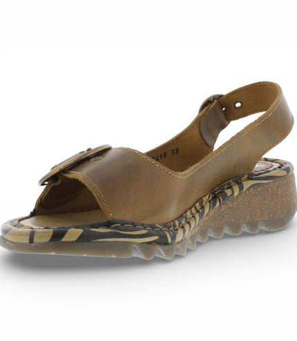 Fly London Women's TRAM723FLY Camel Brown Leather Wedge Sandals