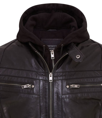 Mens Air Force Hooded Bomber Aviator Real Leather Flight Bomber Jacket - Black