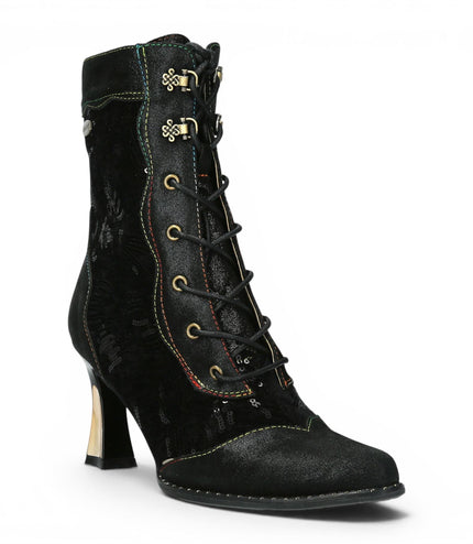 Laura Vita Women's Gothic Victorian Black Leather Heeled Lace-Up Boots - Oanelo-03