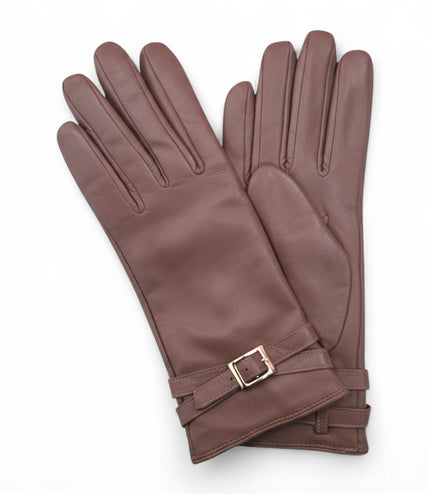 Womens Nude Beige Italian Leather Winter Buckle Soft Wool Lining Gloves - L-GLV-601