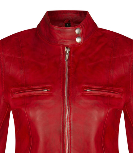 Womens Plain Leather Moto Biker Jacket-Braga - Red