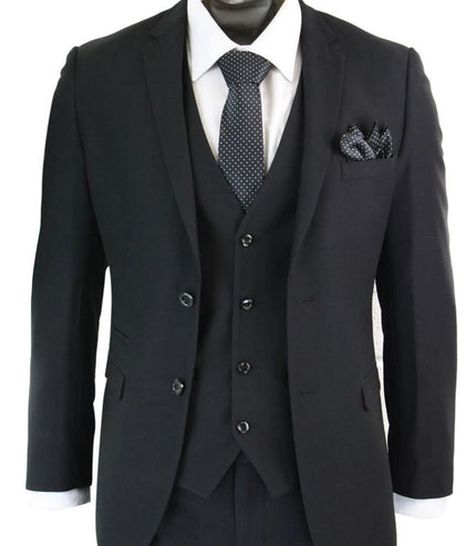 Mens 3 Piece Plain Black Classic Retro Suit