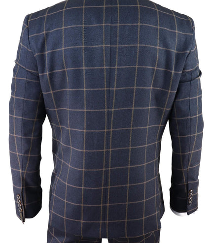 Mens Navy Blue Check 3 Piece Tweed Suit Peaky Blinders 1920s Gatsby Tailored Fit