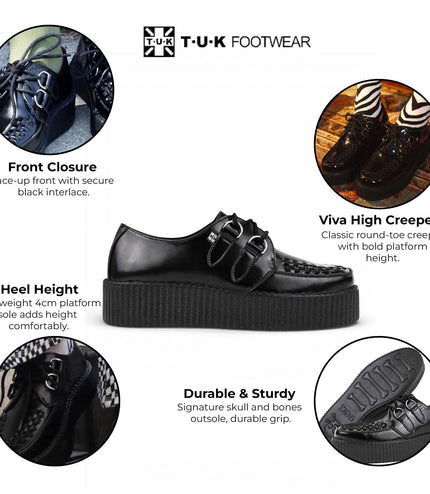 TUK Viva High Creeper Black Leather Platform Lace-Up Goth Shoes - AV6802