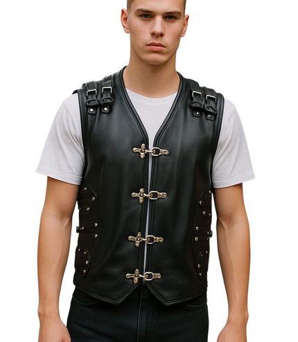 Men's Black Biker Leather Waistcoat Metal Buckles Vest - Coolgardie